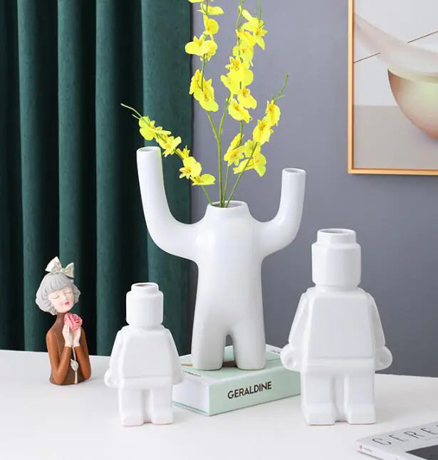 Creative Ceramic Robot Vase Modern Decor Home Desktop Small Robot Upright Dried Flower Vase Living Room Decoration Accessories